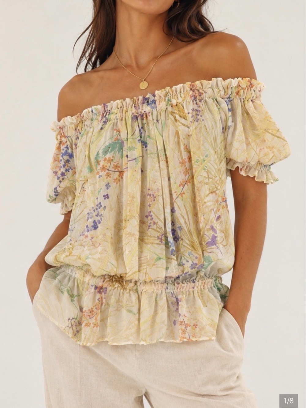 Zara Woman 100% Silk Off Shoulder Floral Peasant Blouse Size M